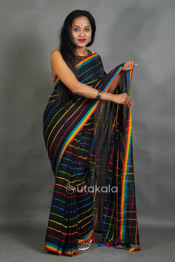 Black Cotton Saree with Multicolor Check Pattern & Rainbow Border