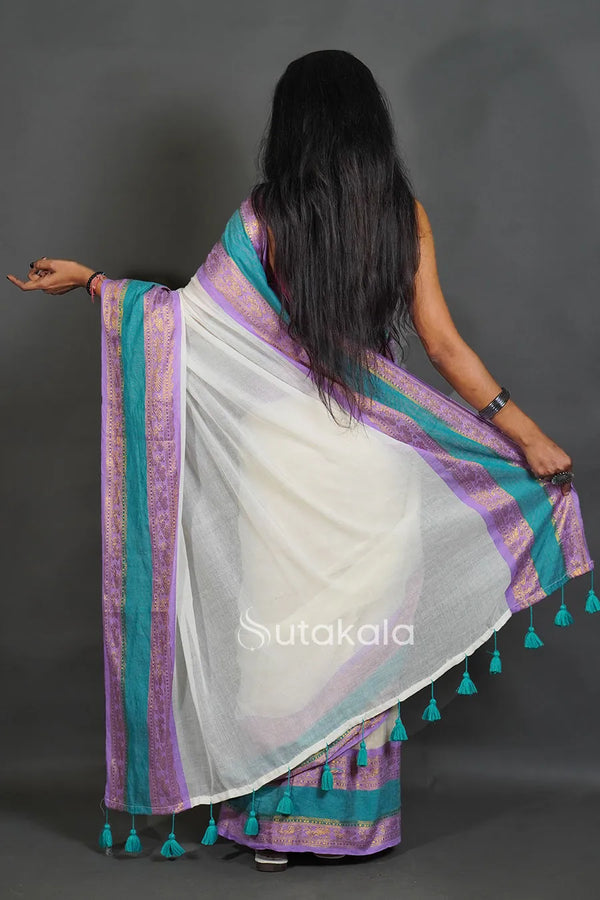 Elegant Off-White Cotton Silk Saree with Border and Tassels
