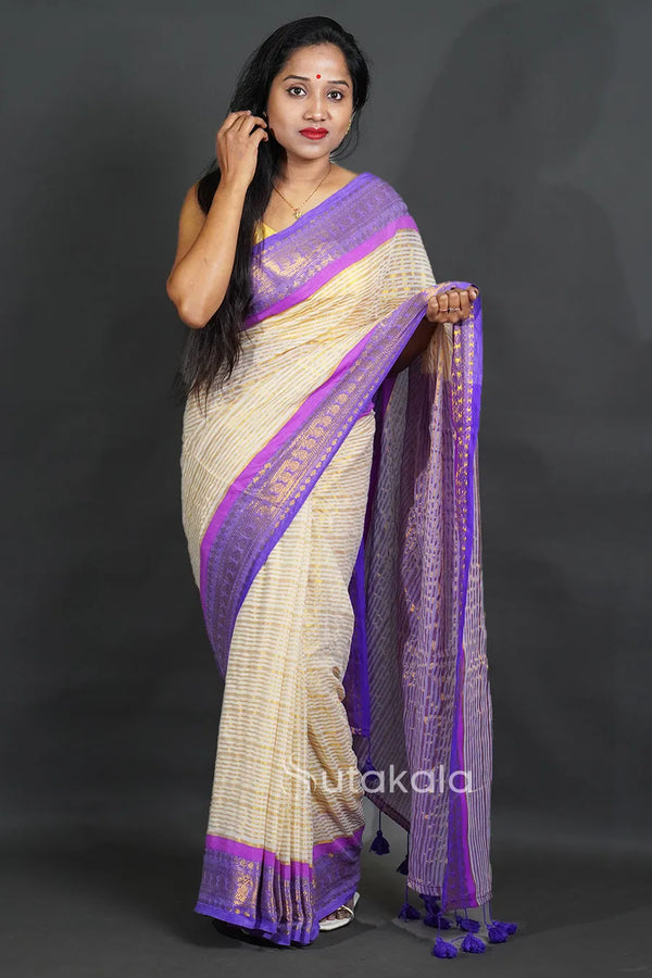White Cotton Saree with Pompom Pallu With Blue Border