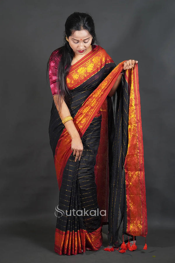 Black Mul Cotton Saree with Red & Gold Thread Work