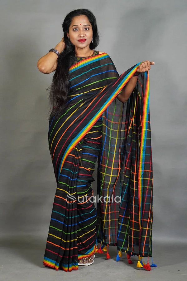 Black Cotton Saree with Multicolor Check Pattern & Rainbow Border