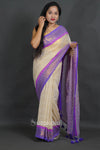 White Cotton Saree with Pompom Pallu With Blue Border