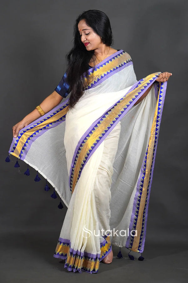 Off-White Cotton Saree with Blue Border & Elegant Thread Work