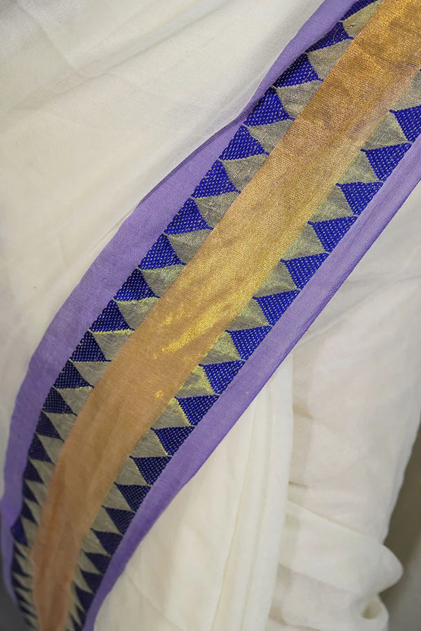 Off-White Cotton Saree with Blue Border & Elegant Thread Work