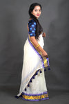 Off-White Cotton Saree with Blue Border & Elegant Thread Work