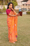 Orange Mul Cotton Saree with Thread Work Embroidery