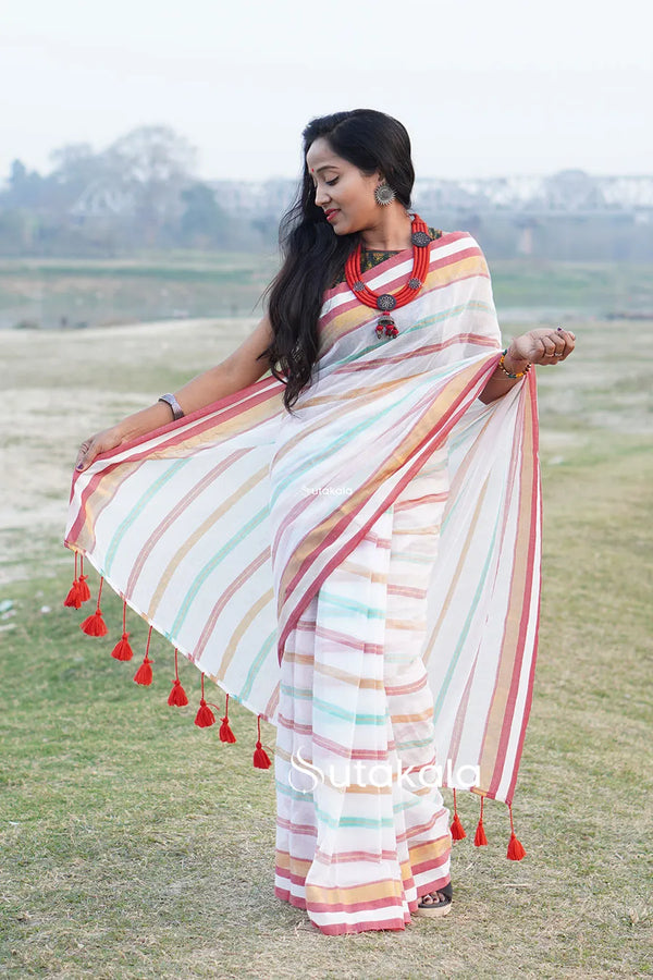 White Based Multicolor Mul Cotton Striped Saree
