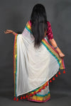 Off-White Cotton Saree with Pink Border & Elegant Thread Work