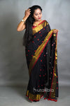Black Cotton Silk Saree with Handwoven Motifs and Gold Border