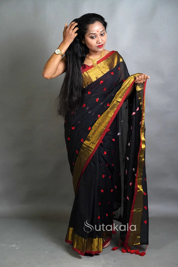 Black Cotton Silk Saree with Handwoven Motifs and Gold Border