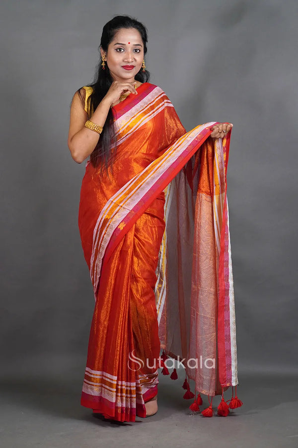 Rust Orange Tissue Silk Saree with Contrast Border & Tassel Pallu