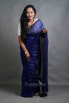 Blue Cotton Saree with Golden Stripe Detailing & Tassels