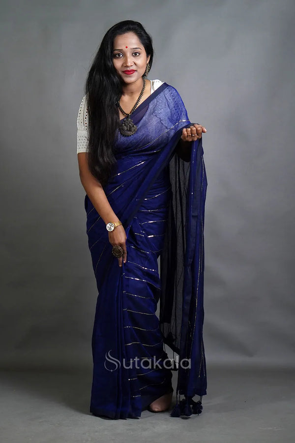 Blue Cotton Saree with Golden Stripe Detailing & Tassels