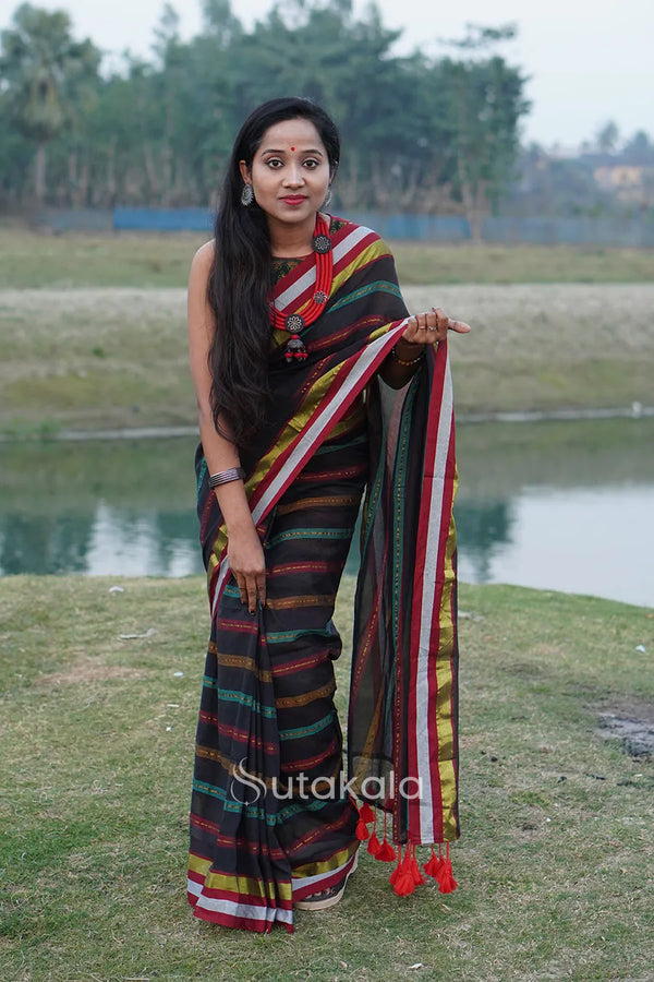 Black Based Multicolor Mul Cotton Striped Saree