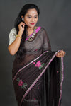 Dark Coffee Cotton Saree with Thread Work Embroidery