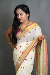 White Red Mul Cotton Saree with Handwoven Motifs