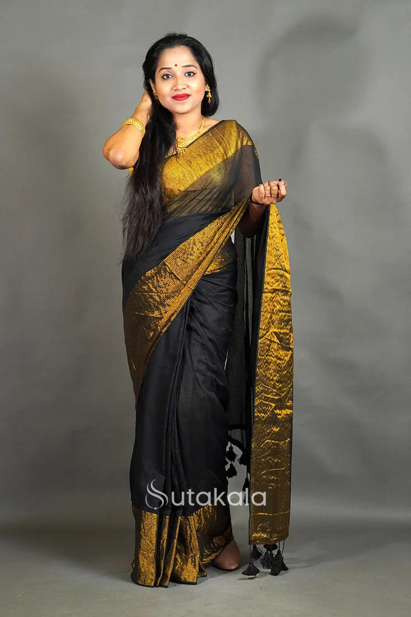 Black Mul Cotton Saree with Golden Border