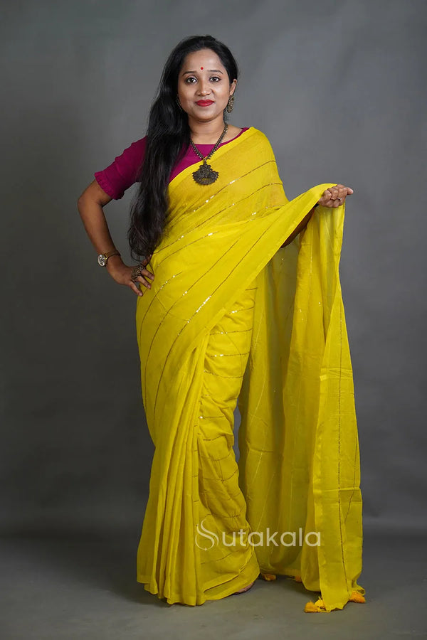 Bright Yellow MalCotton Saree with Subtle Stripe Detailing
