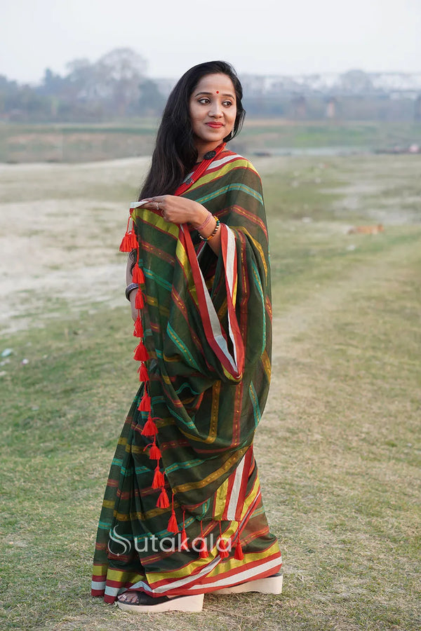 Green Multicolour Mul Cotton Striped Saree