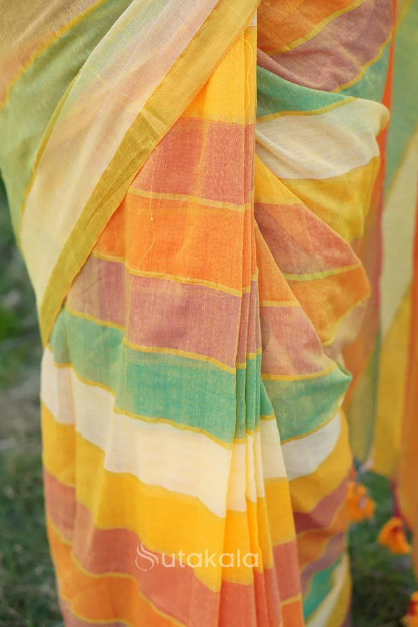 Yellow Based Multicolor Mul Cotton Saree