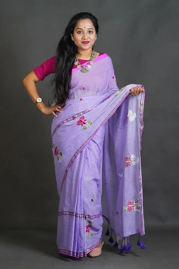 Violet Mul Cotton Saree with Thread Work Embroidery