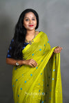 Green Linen Cotton Saree with Handwoven Motifs