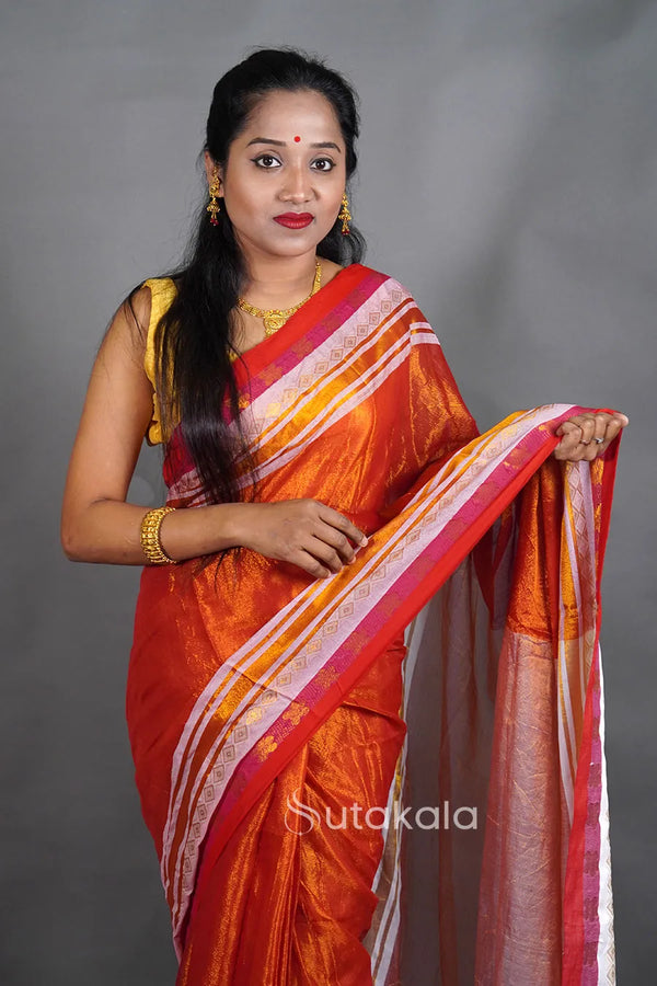 Rust Orange Tissue Silk Saree with Contrast Border & Tassel Pallu