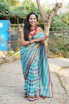 Multicolour Blue Mul Cotton Striped Saree With BP