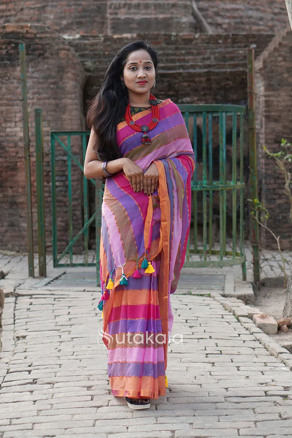 Multicolour Mul Cotton Striped Saree With BP