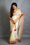 White Red Mul Cotton Saree with Handwoven Motifs