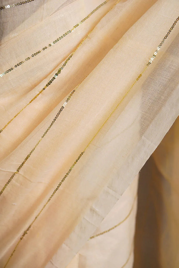 Soft Cream Handloom Cotton Saree with Golden Stripe Detailing & Tassels
