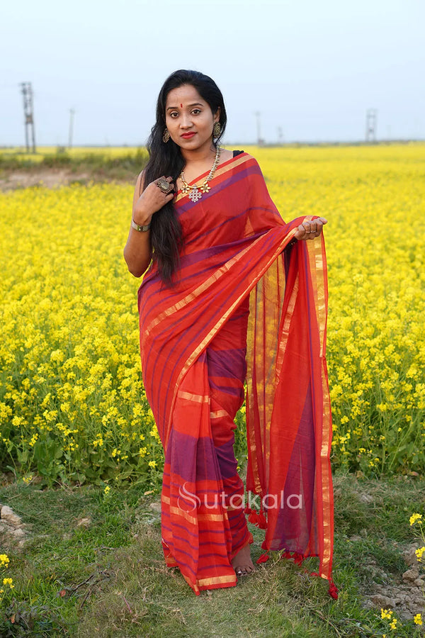 Red Based Multicolor Mul Cotton Saree