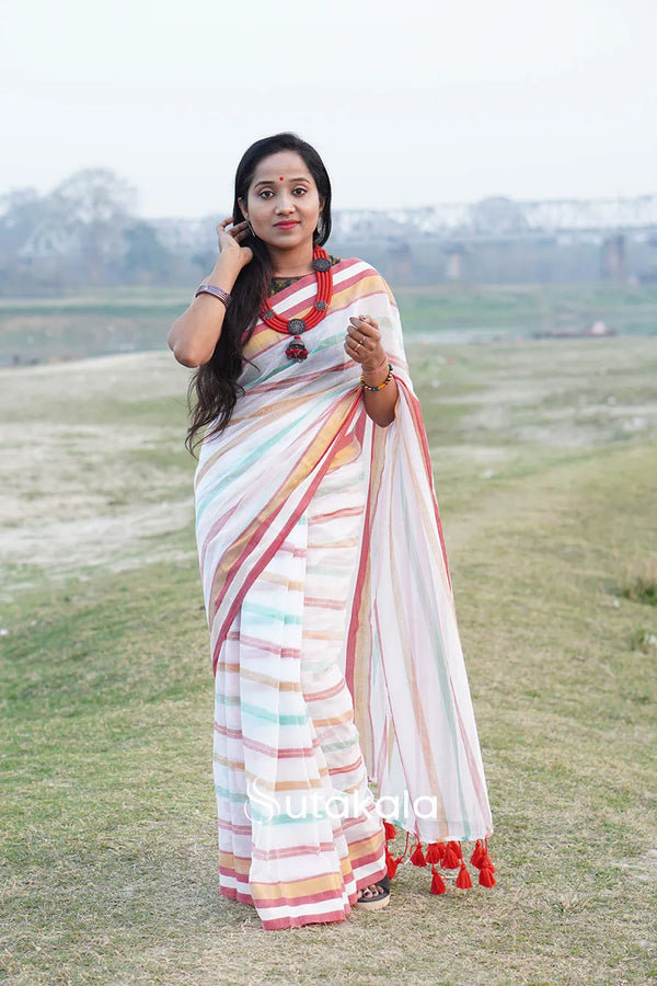 White Based Multicolor Mul Cotton Striped Saree