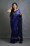 Blue Cotton Saree with Golden Stripe Detailing & Tassels