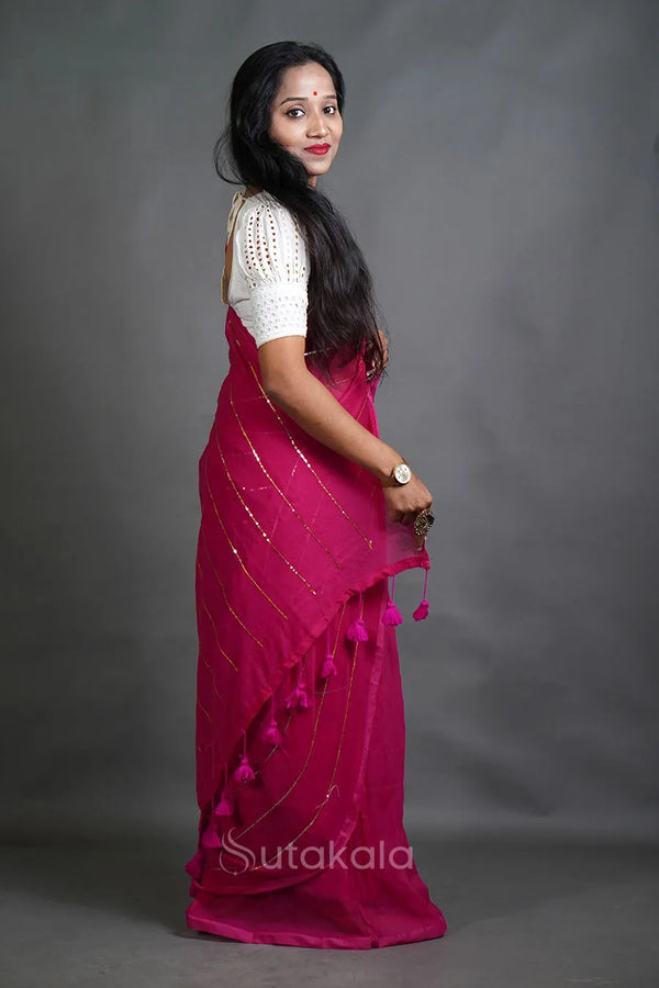 Handloom Cotton Saree with Golden Stripe Detailing & Tassels