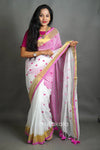 White & Pink Cotton Silk Saree with Handwoven Motifs and Gold Border