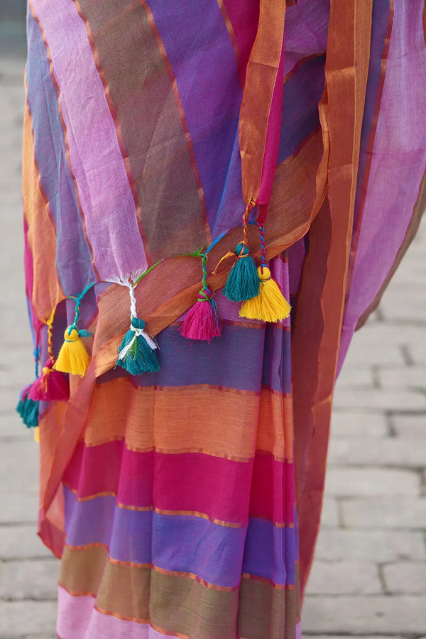 Multicolour Mul Cotton Striped Saree With BP