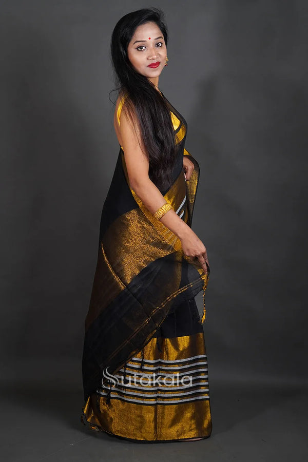 Black & Gold Tissue Silk Saree with Classic Contrast Border