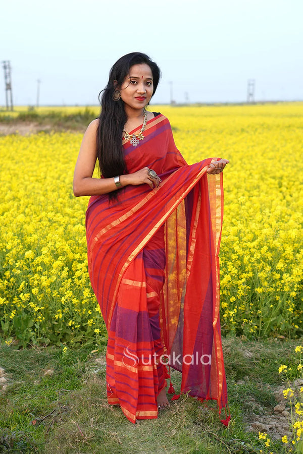 Red Based Multicolor Mul Cotton Saree