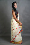 White Red Mul Cotton Saree with Handwoven Motifs