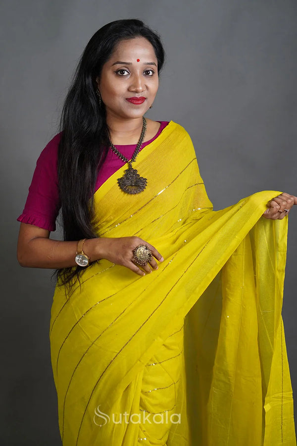 Bright Yellow MalCotton Saree with Subtle Stripe Detailing