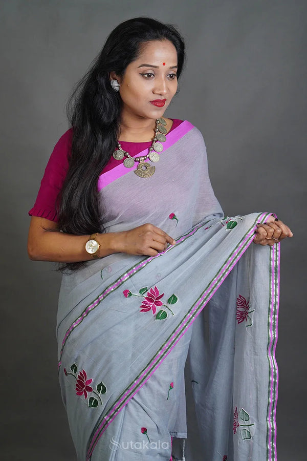 Mul Cotton Saree with Thread Work Embroidery