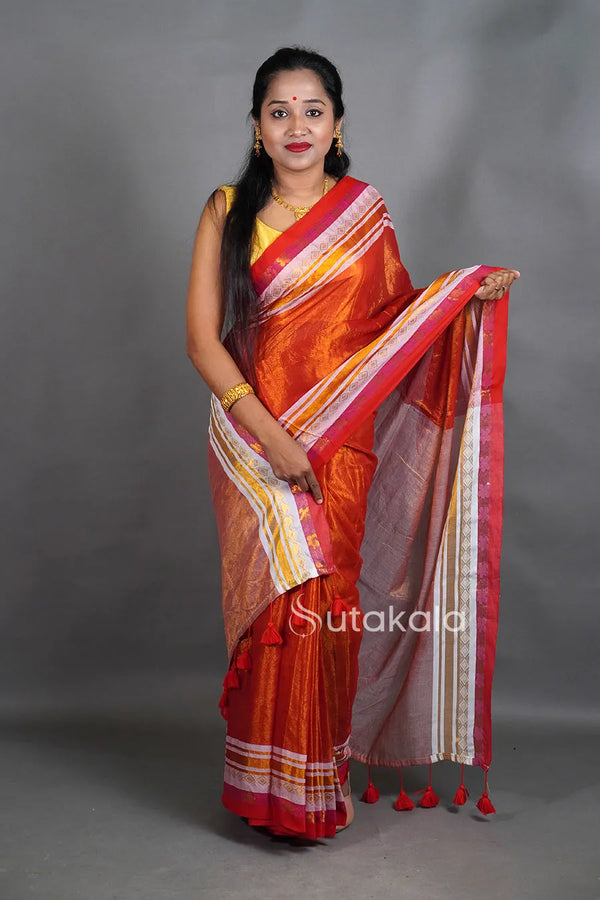 Rust Orange Tissue Silk Saree with Contrast Border & Tassel Pallu
