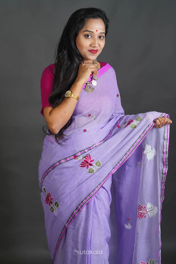 Violet Mul Cotton Saree with Thread Work Embroidery