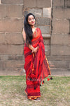 Red Black Mul Striped Cotton Saree With BP