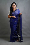 Blue Cotton Saree with Golden Stripe Detailing & Tassels