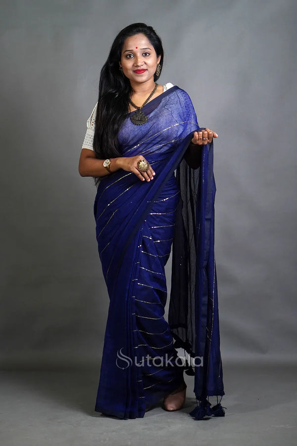 Blue Cotton Saree with Golden Stripe Detailing & Tassels