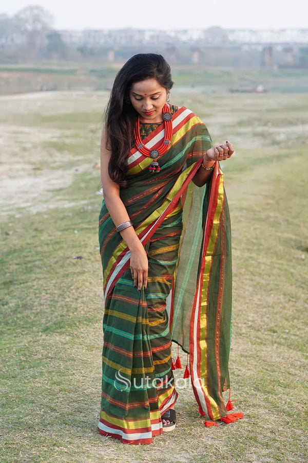 Green Multicolour Mul Cotton Striped Saree