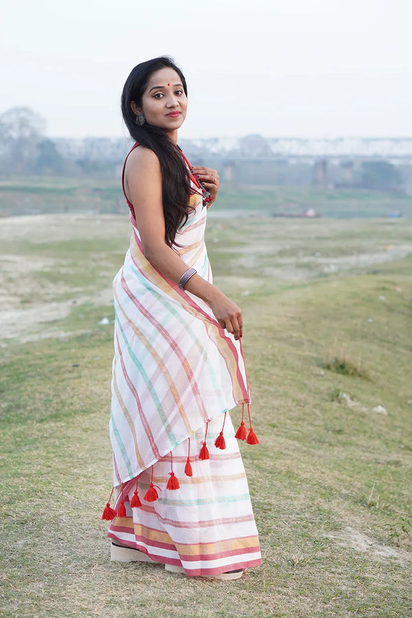 White Based Multicolor Mul Cotton Striped Saree