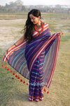 Multicolour Blue Mul Cotton Striped Saree